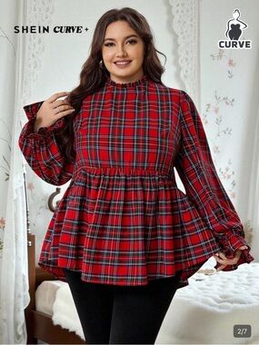 SHEIN Red Plaid Peplum Long-Sleeve Blouse